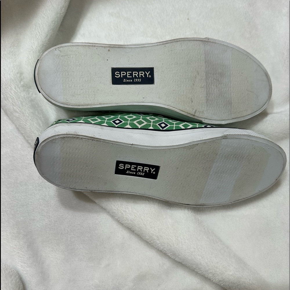 WOMEN SPERRY TOP SIDER SEACOAST GREEN NAVY GEOMETRIC PRINT SNEAKERS SIZE 8